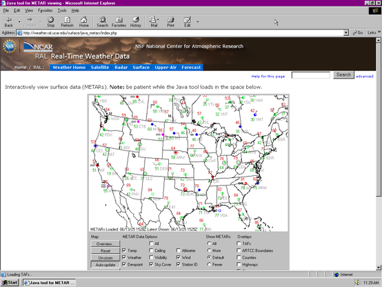 Screenshot of Internet Explorer 6 running on Windows NT 4, showing the Java METAR viewer applet on the NCAR website. Weather reports from several airports are plotted on a map of North America centered on the US. A line of text at the bottom of the map shows that the most recent data shown is from June 13, 2025 at 15:25 UTC.