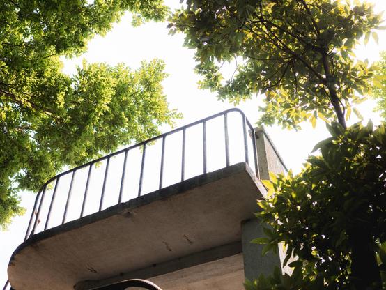Concrete platform with a metal railing viewed from below, surrounded by lush green foliage and trees under a bright sky.
