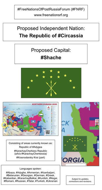 Information, flag, and maps showing proposed independent nation of The Republic of Circassia (from the website of the Free Nations of Post-Russia Forum).