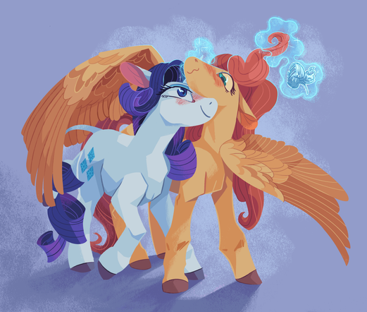 A painting of the characters Rarity and Fluttershy from My Little Pony: Friendship is Magic. Rarity nuzzles up to Fluttershy, using her magic to levitate a large butterfly hair clip and manipulate Fluttershy's hair.