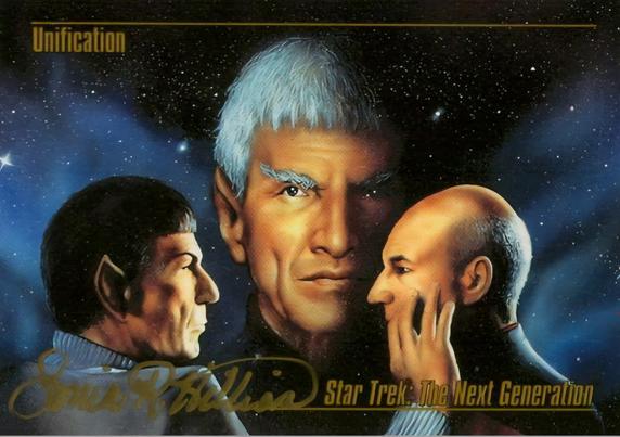 A trading card for Star Trek The Next Generation episodes Unification, featuring Spock in a mind melding with Picard, and Sarek behind and between both of them. This card is signed by the artist.