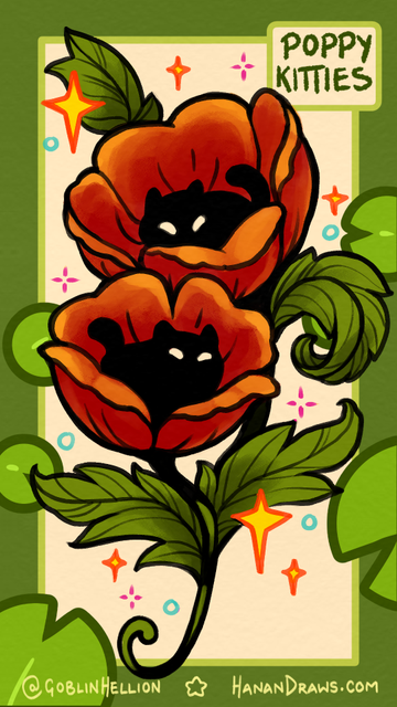 A digital illustration of some illustrative looking poppies in full colour, with the middle of the flowers being little black void cats instead of flower parts.