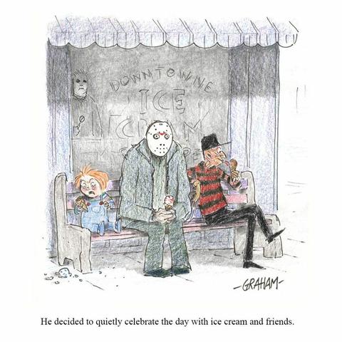 A cartoon illustration of Jason, Chucky, and Freddy sitting enjoying ice cream cones outside of an ice cream shop. Caption reads "He decided to quietly celebrate the day with ice cream and friends."