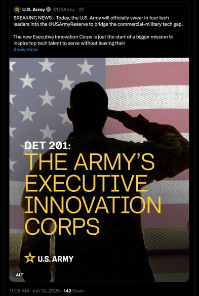 US Army post: BREAKING NEWS - Today, the U.S. Army will officially swear in four tech leaders into the @USArmyReserve to bridge the commercial-military tech gap. The new Executive Innovation Corps is just the start of a bigger mission to inspire top tech talent to serve without leaving their…