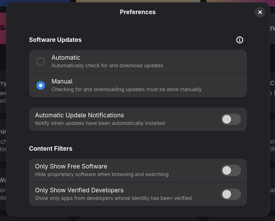 Gnome software settings showing software updates being manual and notifcations turned off