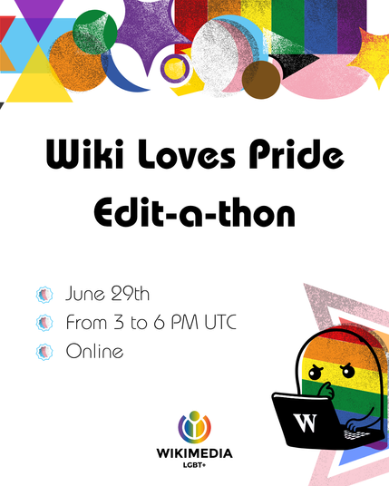 Flyer containing Pride flags and a nice ghost editing Wikipedia.