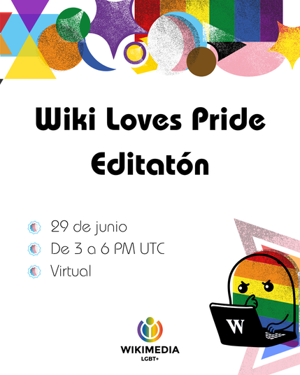 Flyer con información del evento ya disponible en el texto del post. Muestra banderas del orgullo y un fantasma orgulloso editando Wikipedia.