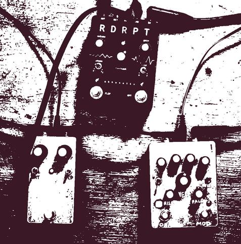 Trashy processed photo of three pedals on a table. RDRPT is hooked up to two other unknown prototypes with no clear labels.