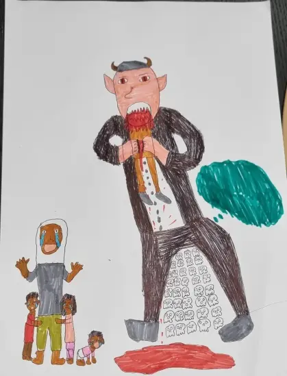 A drawing of Benjamin Netanyahu as a demonic creature eating a Palestinian alive as a direct homage to Saturn Devouring His Son.