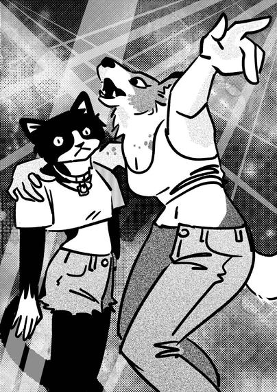 An annoyed cat leaning away as a dog yells into her ear at a concert.