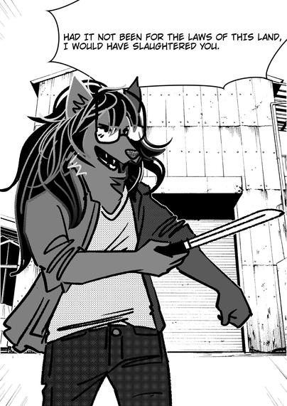 A serious anime manga style wolf brandishing a knife. Word bubble reads "Had it not been for the laws of this land, I would have slaughtered you."