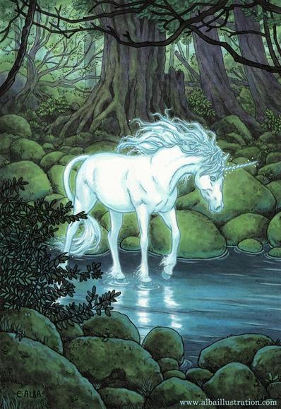 Ink, watercolor, and acryla gouache illustration of a white glowing unicorn walking an a stream in the middle of a dark mysterious forest.
