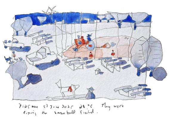 Pencil drawing, colored in blue, grey and orange showing a baseball field being repaired. A medium sized dog and an old man can be seen in the foreground.