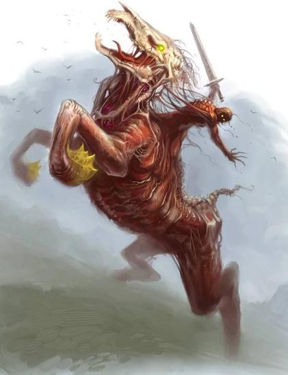 A horrific nuckelavee brandishes a sword as it rears out of the sea. Illustration by Scott Purdy.