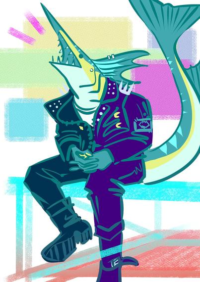 A blue with white and yellow accents marlin character with piercings in a leather jacket and motorcycle boots sitting on a dilapidated wooden structure.