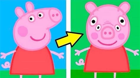 Peppa pig shown from the side and then face on with two eyes each side of her nose.