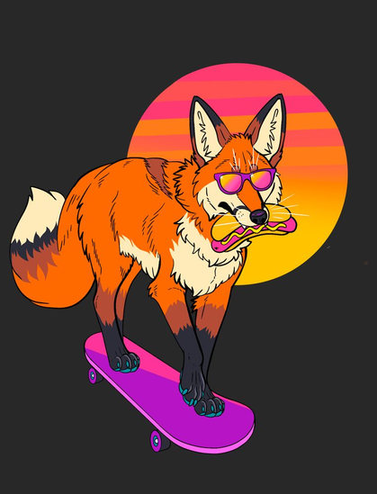 Digital art of a red fox riding a purple skateboard. They are wearing sunglasses and eating a hotdog.