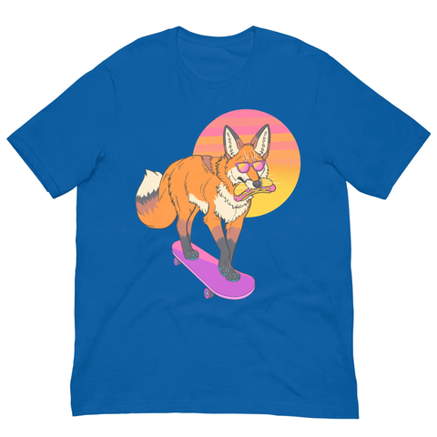 Blue t-shirt featuring art of a red fox riding a purple skateboard. They are wearing sunglasses and eating a hotdog.