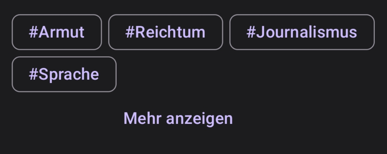 vier Hashtag als button #Armut #Reichtum #Journalismus #Sprache