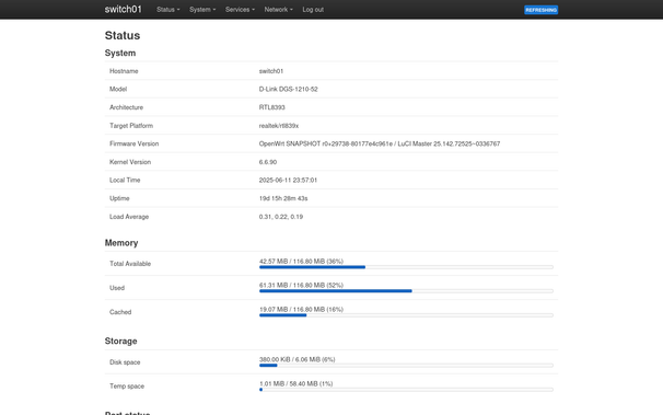 A picture of OpenWrt's LuCI webinterface, showing the basic system information and status page of a D-Link DGS-1210-52.