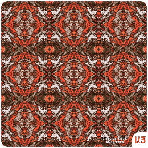 Text - -clasticartistic- 13/06/2025, V3. Image - Orange diamond single tile surrounded by abstract skulls and dragon faces.