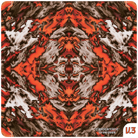 Text - -clasticartistic- 13/06/2025, V3. Image - Orange diamond 3x3 tile surrounded by abstract skulls and dragon faces.