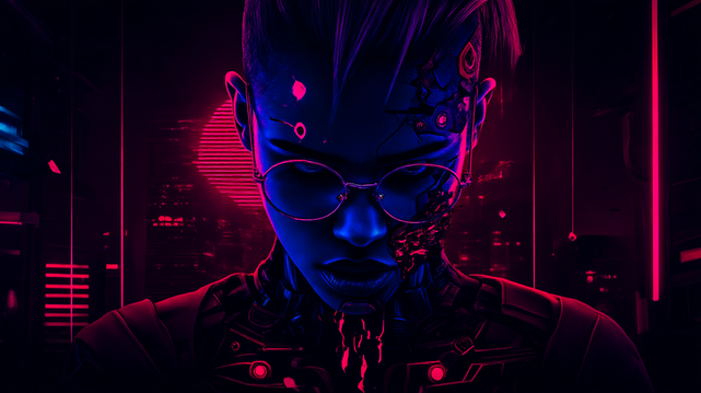 Protocole Glitch.
Portrait cyberpunk glitché d’un cyborg sombre aux lunettes rondes et à la peau bleutée, partiellement fracturé et baigné dans une lumière fuchsia électrique.
Cyberpunk glitch portrait of a dark cyborg with round glasses and blue skin, partially fractured and bathed in electric fuchsia light.