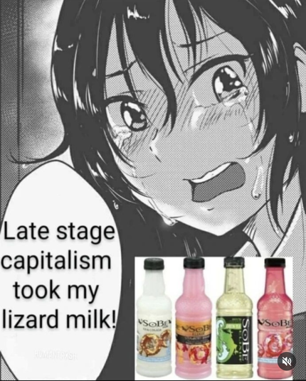 a manga panel of someone crying with a speech bubble of "Late state capitalism took my lizard milk" and a layered on photo of four bottles of SoBe juice.