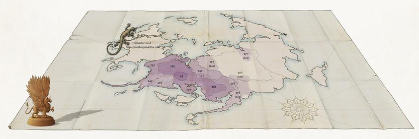 carte d'un monde de  fantasy. Les étapes de construction historique d'un empire en dégradés de couleur.