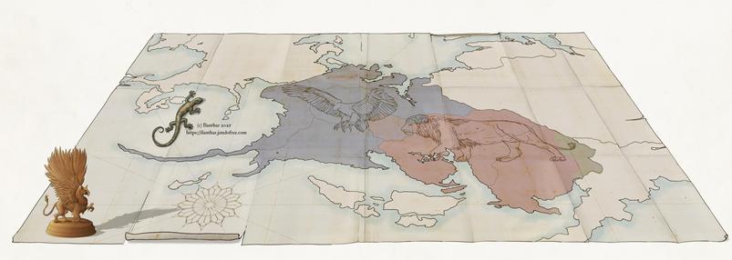 Carte de fantasy d'un empire. Les deux cultures principales sont soulignées par de la couleur, un troisième par des hachures.