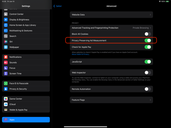 ipadOS ad track setting