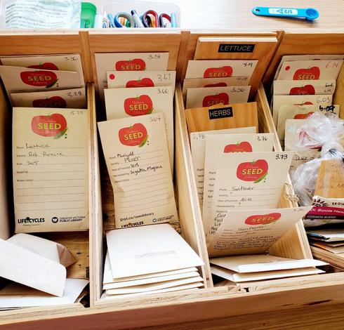 A close-up, slightly high-angle shot of a wooden seed library organizer with multiple compartments containing seed packets. Each compartment is labeled with plant types like "Lettuce," "Herbs," and others. The seed packets are light brown and feature the "Victoria Seed Library" logo (a stylized tomato with the words). Some packets have handwritten details about the seeds' origin, variety, and harvest year. A blue measuring spoon lies on the top edge of the organizer. Some compartments also contain small, white envelopes.
