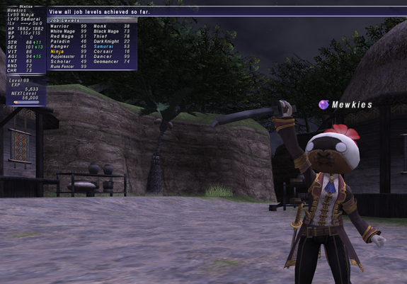Mewkies the mithra in a mandragora mask and formal clothing raises her katana to the sky. She has max level warrior, white mage, rune fencer, dancer, and ninja which is her current job.