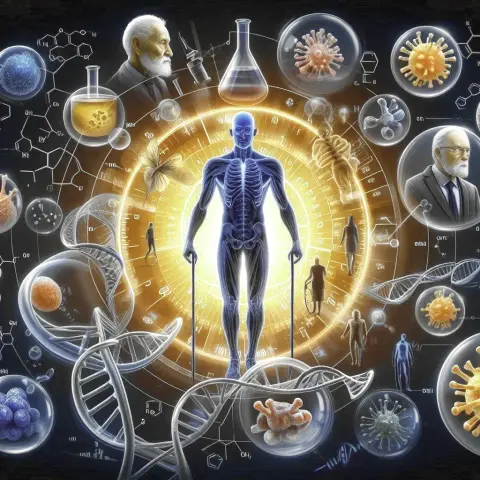 generata AI età adulta, maturità tardiva e vecchiaia rappresentate con delle persone e intorno la chimica di proteine e dna