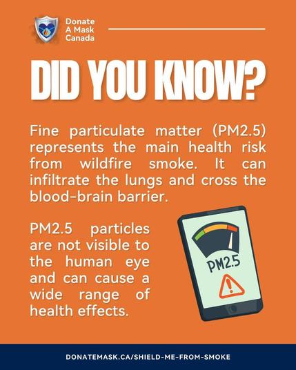 "Did you know?

Fine particulate matter (PM2.5) represents the main health risk from wildfire smoke. It can infiltrate the lungs and cross the blood-brain barrier.

PM2.5 particles are not visible to the human eye and can cause a wide range of health effects."

Illustration of a PM2.5 air quality monitor with a dial pointing in the red section (high risk).