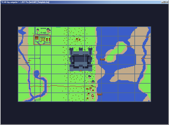Tic80 map editor showing a top-down view of all the locations on the map, two little towns and a big castle.