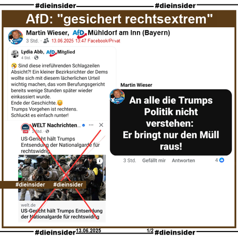 Martin Wieser, AfD Bayern KV Mühldorf am Inn teilt am 13.06.2025 einen öffentlichen Post eines AfD-Mitglieds, die schreibt 

"Sind diese irreführenden Schlagzeilen Absicht?! Ein kleiner Bezirksrichter der Dems wollte sich mit diesem lächerlichen Urteil wichtig machen, das vom Berufungsgericht bereits wenige Stunden später wieder einkassiert wurde. Ende der Geschichte.😇 Trumps Vorgehen ist rechtens. Schluckt es einfach runter!" und den WELT Bericht "US-Gericht hält Trumps Entsendung der Nationalgarde für rechtswidrig", den sie durchstreicht, teilt.

Martin Wieser kommentiert seinen Post mit "An alle die Trumps Politik nicht verstehen: Er bringt nur den Müll raus!"