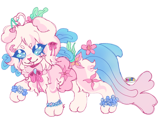 A drawing of a Nijinu, a loooooong cat like creature with axolotol fins portruding from the sides of the face and the tail. The creature is a soft and happy pink with a bright innertube wrapped around their waist. Their tail fin is shaped similar to that of a dolphin tail and is a beautiful blue and pink shimmering in the light. She is decorated in many plants, including flowers, seaweeds, and fruits.