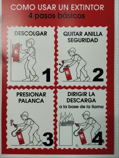 instruction poster 4steps: take extinguisher, pull security pin, press handle