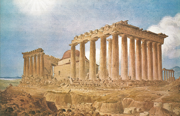 The parthenon, in Athens, as drawn in 1838 by Scottish artist James Skene.