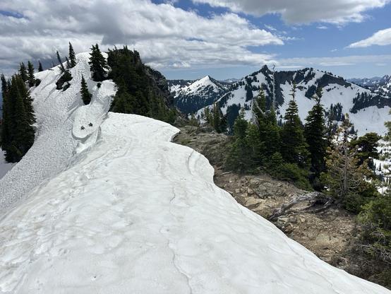A scenic mountain view featuring a snowy ridge surrounded by evergreen trees. The landscape includes rocky outcrops and distant snow-covered peaks under a partly cloudy sky. Top of Yakima peak.