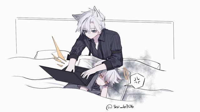 Catboy fooling around with anime boy