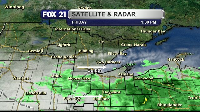 The satellite and radar over the Northland at 1:30 p.m. on Friday, June 13, 2025, shows rain showers becoming more scattered from west to east over the southern half of the region, which is also the same direction they are moving across the area.  Locations north of Highway 2 are enjoying less clouds, with clear skies in the Rainy River Basin and Boundary Waters regions.