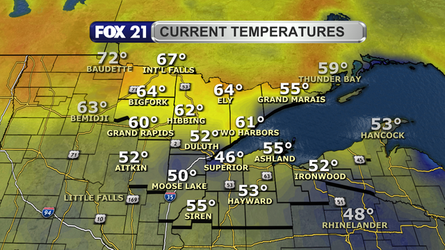 Temperatures in the Northland just after 1 p.m. on June 13, 2025, range from 46 to 67 degrees Fahrenheit.  The 40s and 50s are along and south of Highway 2, with 60s being observed north of the highway away from Lake Superior.