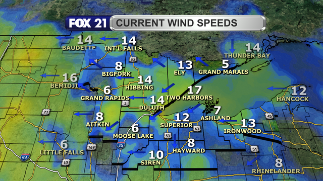 Wind speeds in the Northland just after 1 p.m. on June 13, 2025, range from 5 to 17 mph.  Wind direction is primarily from the northeast and east.