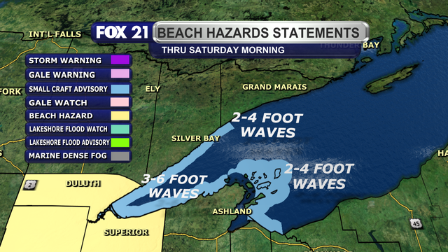 A Small Craft Advisory remains in effect for most of the shoreline region of Lake Superior in the Northland through the morning hours of Saturday, June 14, 2025.  Waves of 2 to 6 feet are expected along the shoreline.  A Beach Hazard Statement is also in effect for the Twin Ports region for Friday, June 13, 2025, due to the waves and potential rip currents along Park Point and Wisconsin Point.