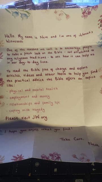 A printed letter from Jehovah's Witnesses pushed through my letterbox