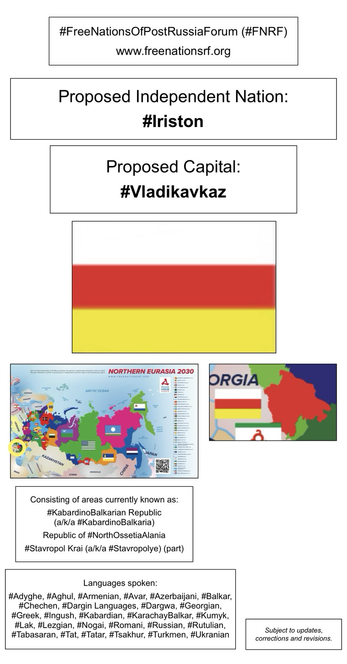 Information, flag, and maps showing proposed independent nation of Iriston (from the website of the Free Nations of Post-Russia Forum).