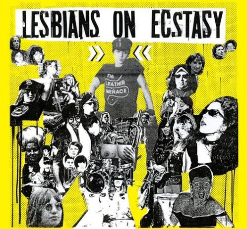 Pochette jaune où apparaissent en collages plusieurs femmes dont une au centre avec une casquette en cuir et un tshirt noir où est écrit The Leather Menace