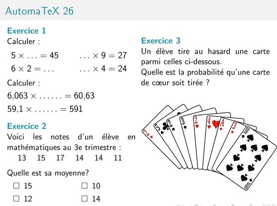 Copie d'écran d'anatomatisme avec des calculs sur les nombres décimaux, un exercice sur le calcul de moyenne, un exercice probabilité avec un jeu de cartes.